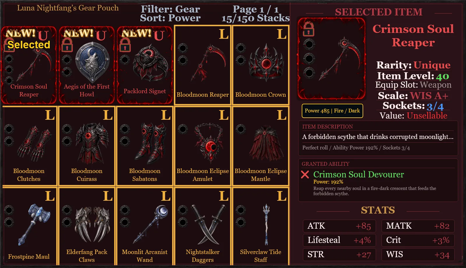 Wolf RPG gear pouch filled with rare fantasy equipment