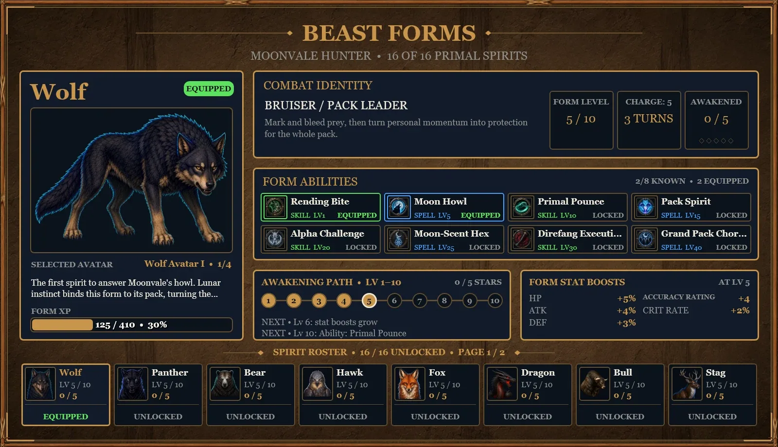The real Wolf RPG Beast Forms card showing Wolf, its abilities, Awakening path, stat boosts, and spirit roster