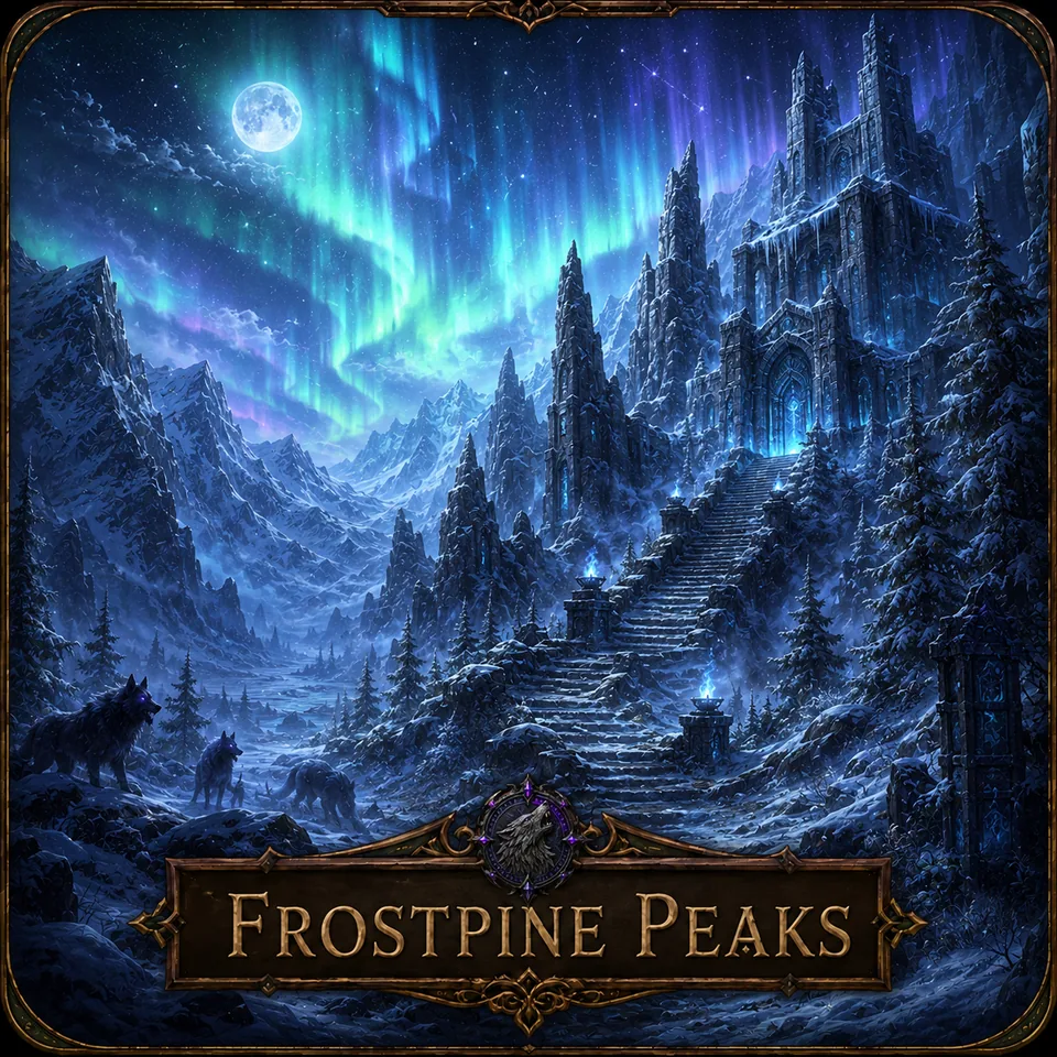 Frostpine Peaks beneath the aurora