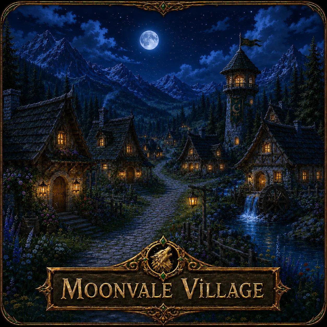 Moonvale Village glowing beneath a full moon