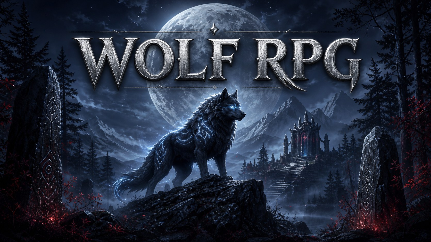 A rune-marked wolf watches over Luphera beneath a full moon